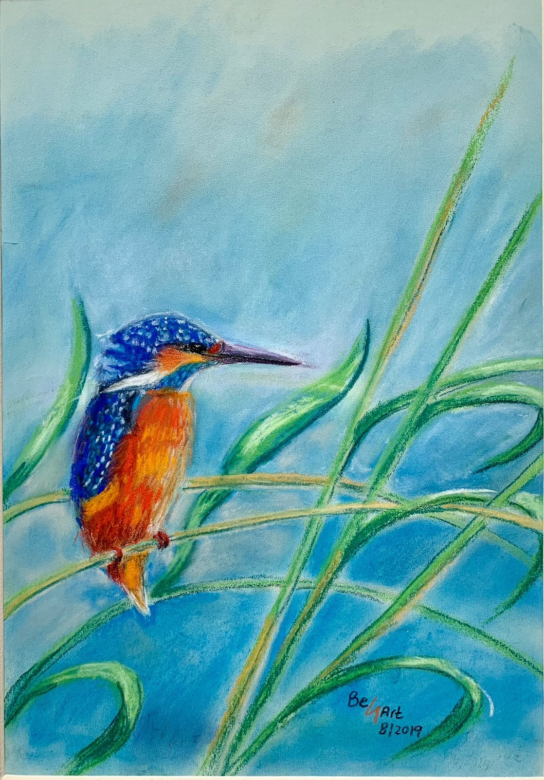‘IJsvogel’ schilderij met lijst, Pastel, Passe-partout, Papier/karton, Ophalen of Verzenden