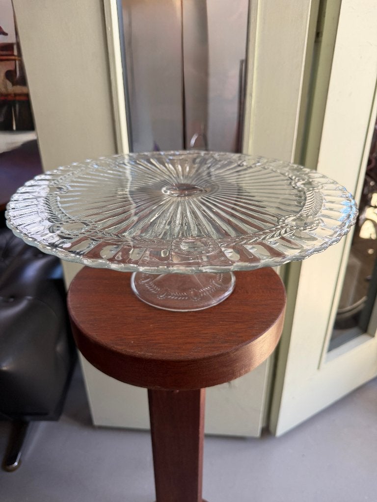 Vintage, brocante persglas taartschaal, schaal op voet