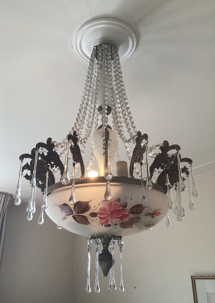 Antieke hanglamp met beschilderde schaal en pegels, Ophalen