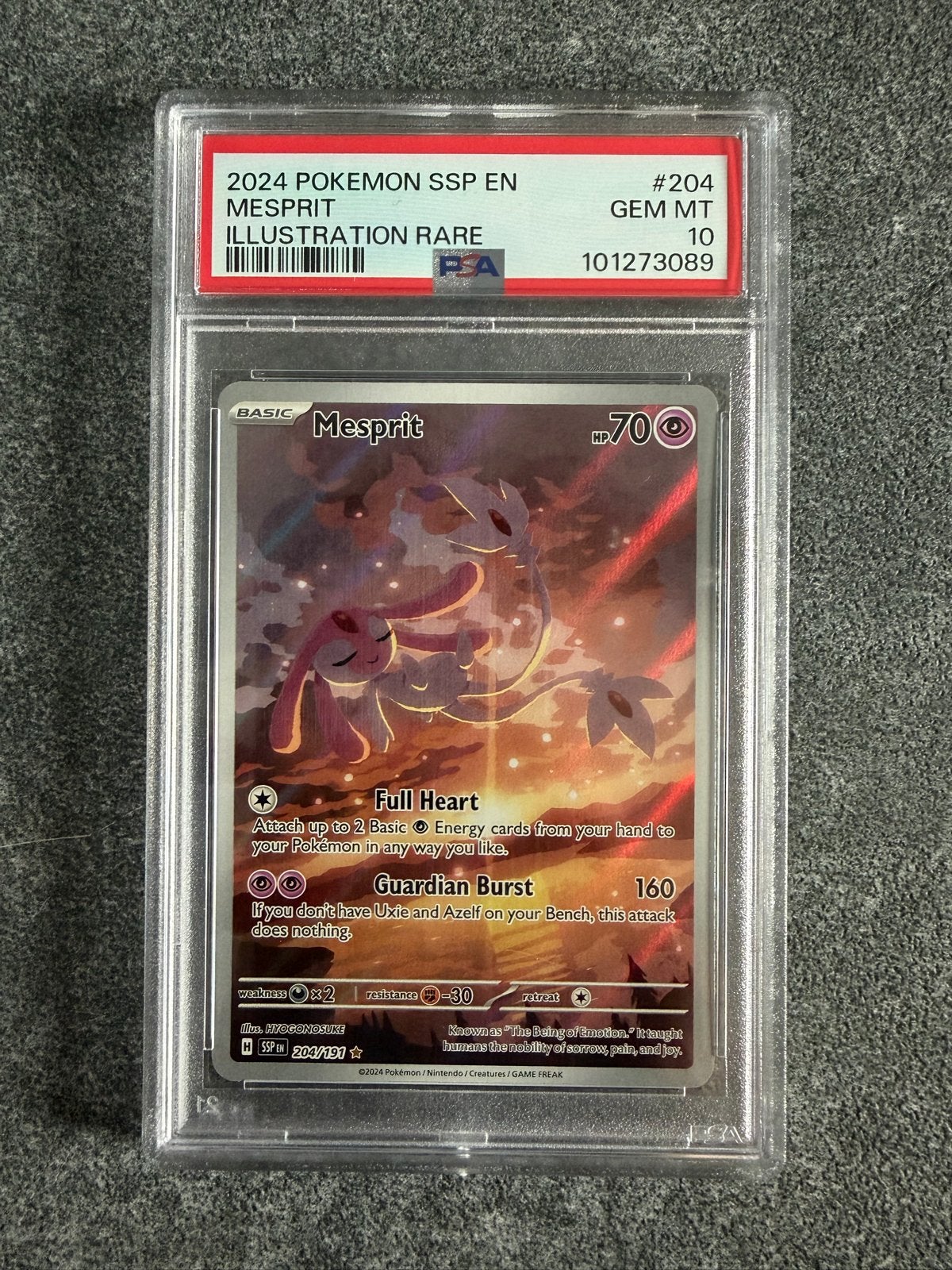 Mesprit - 204/191 - Surging Sparks - PSA 10 - Pokemon, Ophalen of Verzenden, Nieuw, Losse kaart