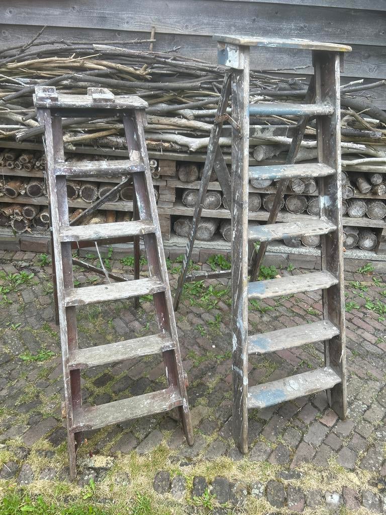 Oude vintage houten schilders ladders - Set van 2, Doe-het-zelf en Verbouw, Ladders en Trappen, Ophalen, Gebruikt, Ladder, Minder dan 2 meter