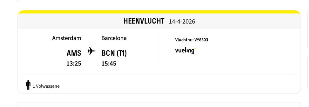 vliegticket enkele reis Amsterdam - Barcelona - 14 april, Tickets en Kaartjes, Eén persoon, Vliegtuig, Buitenland, Met bestemming of datum