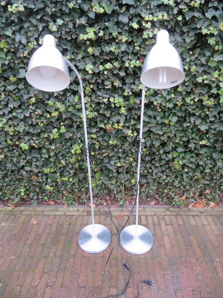 2 grijze staande schemerlampen met flexibele kop, Huis en Inrichting, Lampen | Vloerlampen, Ophalen, Zo goed als nieuw, Metaal