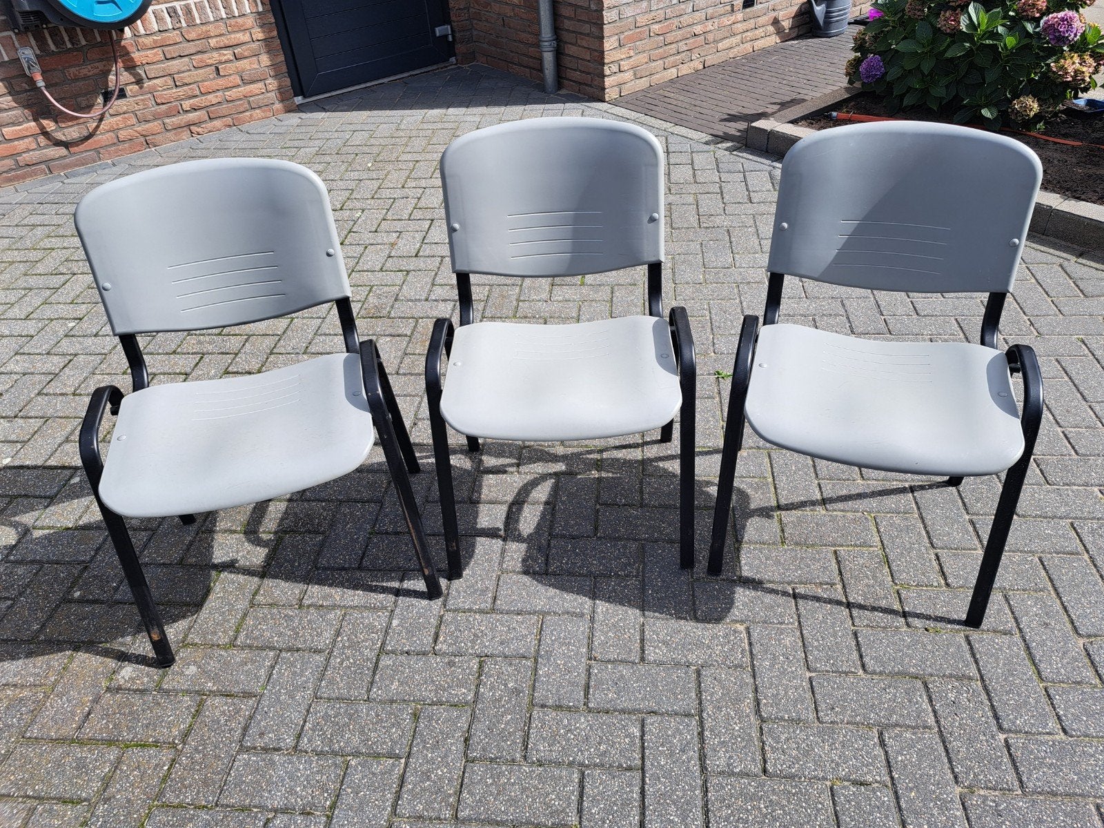 3 stapelstoelen kantine stoelen, Ophalen, Drie, Grijs, Kunststof