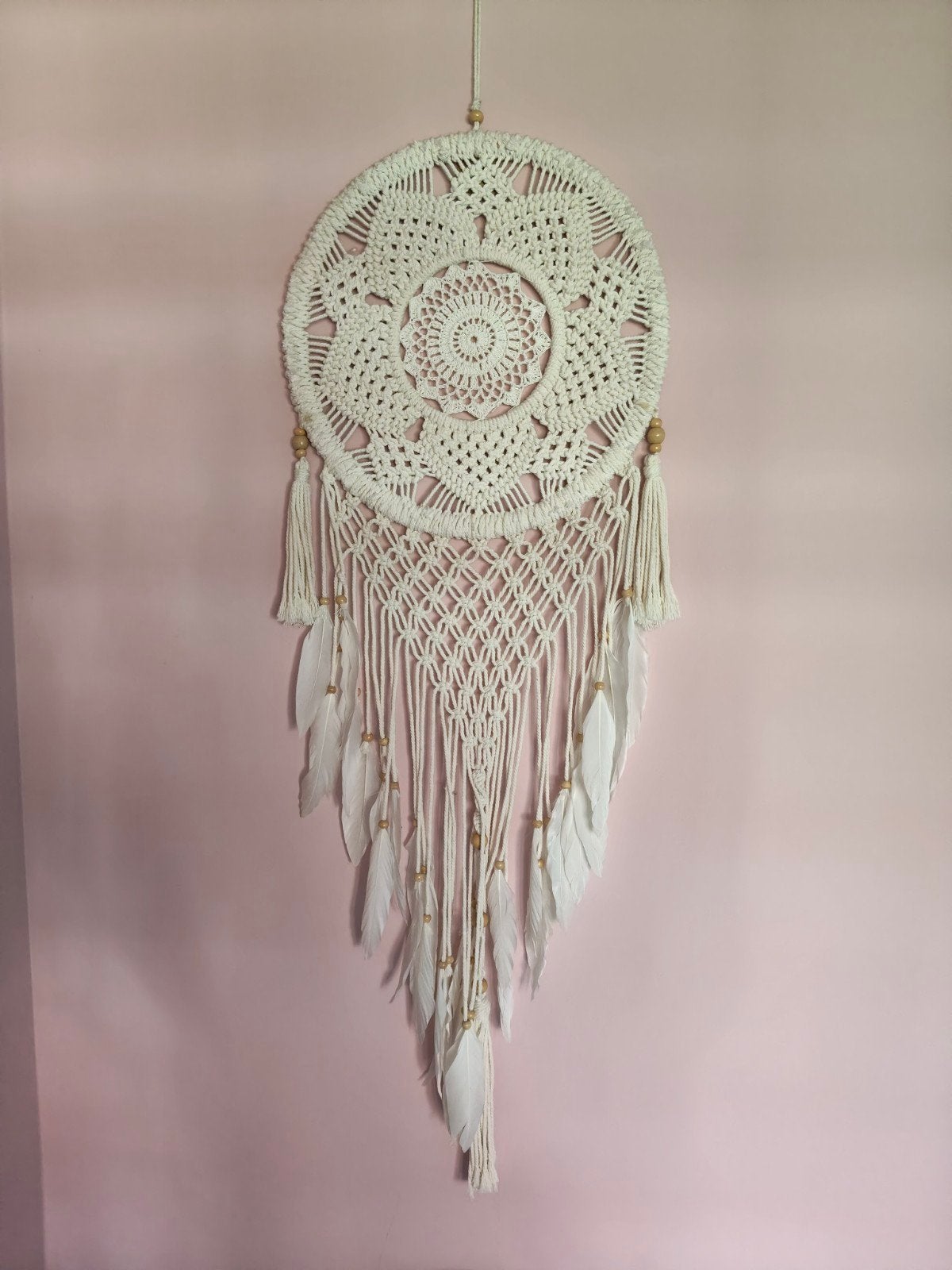 Geweven Wandkleed / Dromenvanger met veren, Boho, Ophalen of Verzenden, Zo goed als nieuw, Handgemaakt