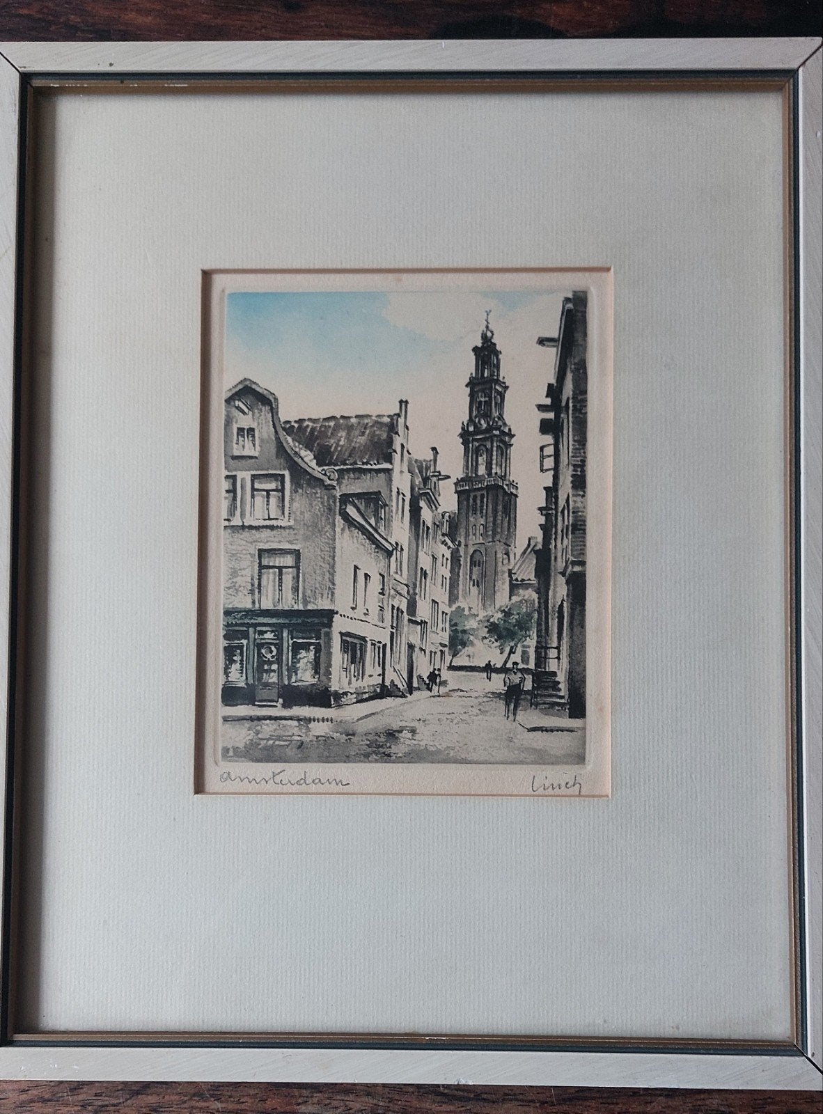 Mooie ets/prent Westertoren Amsterdam, Roger Hebbelinck, Antiek en Kunst, Ophalen of Verzenden, Ets, Achter glas