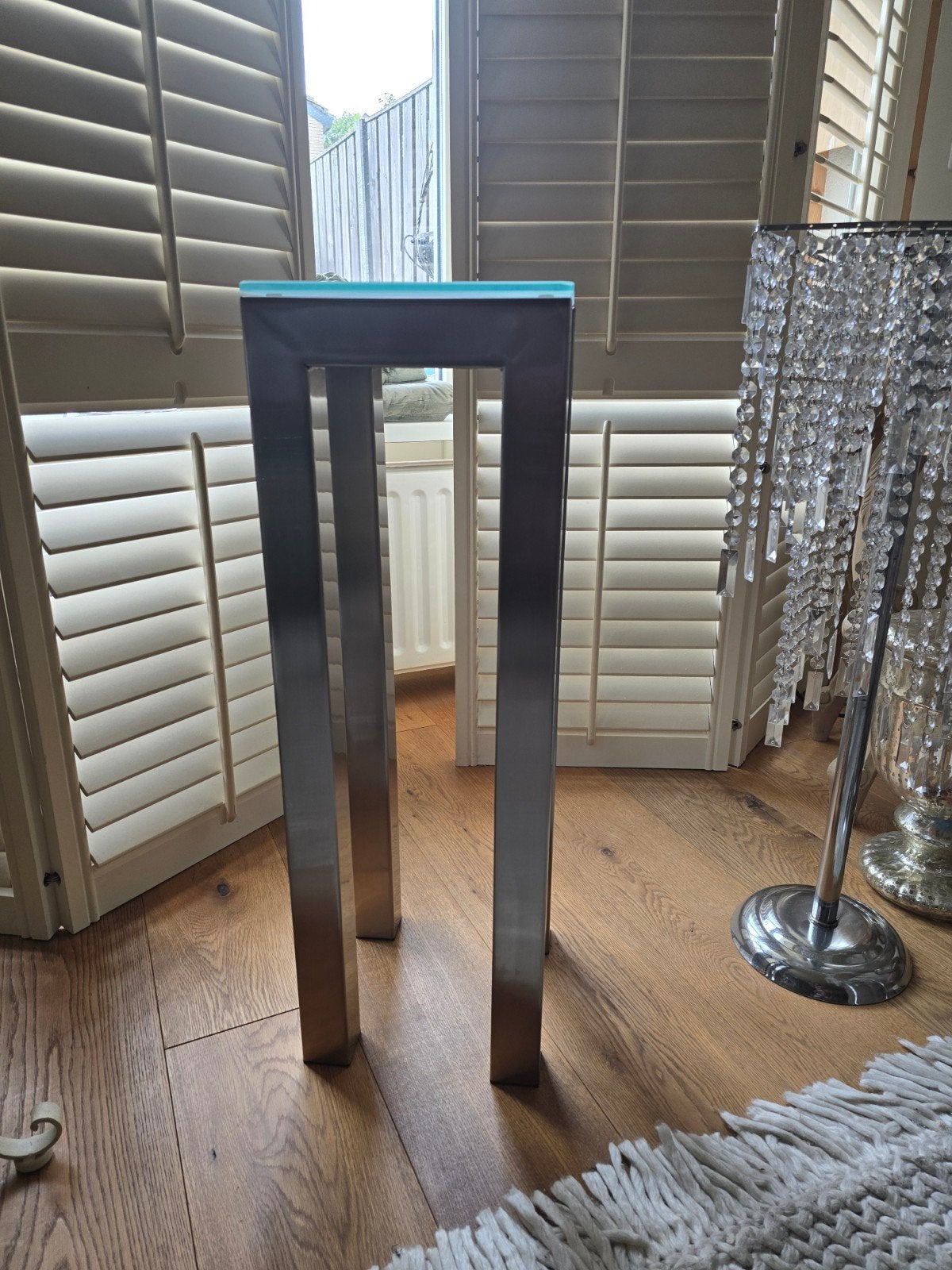RVS Plantentafeltje met Glazen Blad - 25x25x75 cm, Minder dan 55 cm, Gebruikt, Metaal of Aluminium, Vierkant