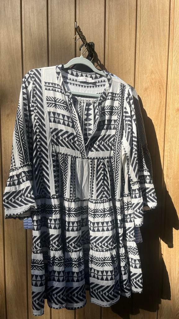 Devotion Twins Ella Jurk Zwart-Wit Geometrisch Patroon Maat, Verzenden, Zwart, Maat 42/44 (L), Zo goed als nieuw