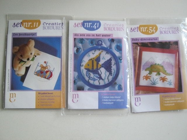 Borduurpakketje 3 x Beer - Dino - Vis  zonder patroon nr 41, Verzenden, Nieuw, Borduurpakket