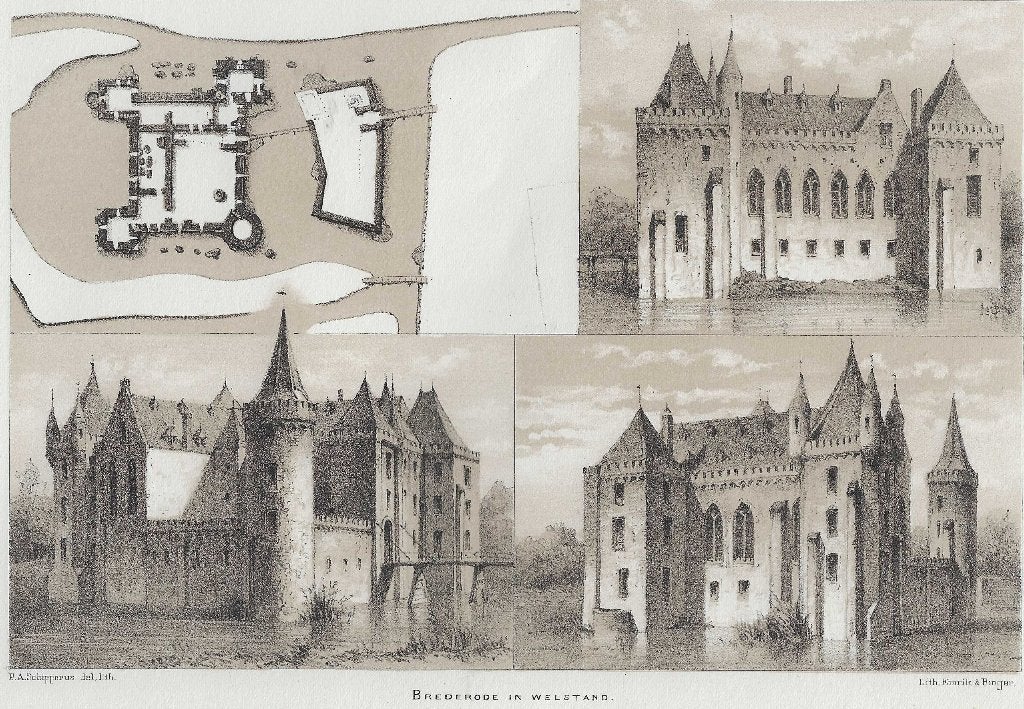 Brederode in welstand litho Schipperus, Antiek en Kunst, 1800 - 1899, Architectuur, Ophalen of Verzenden, Blanco verso