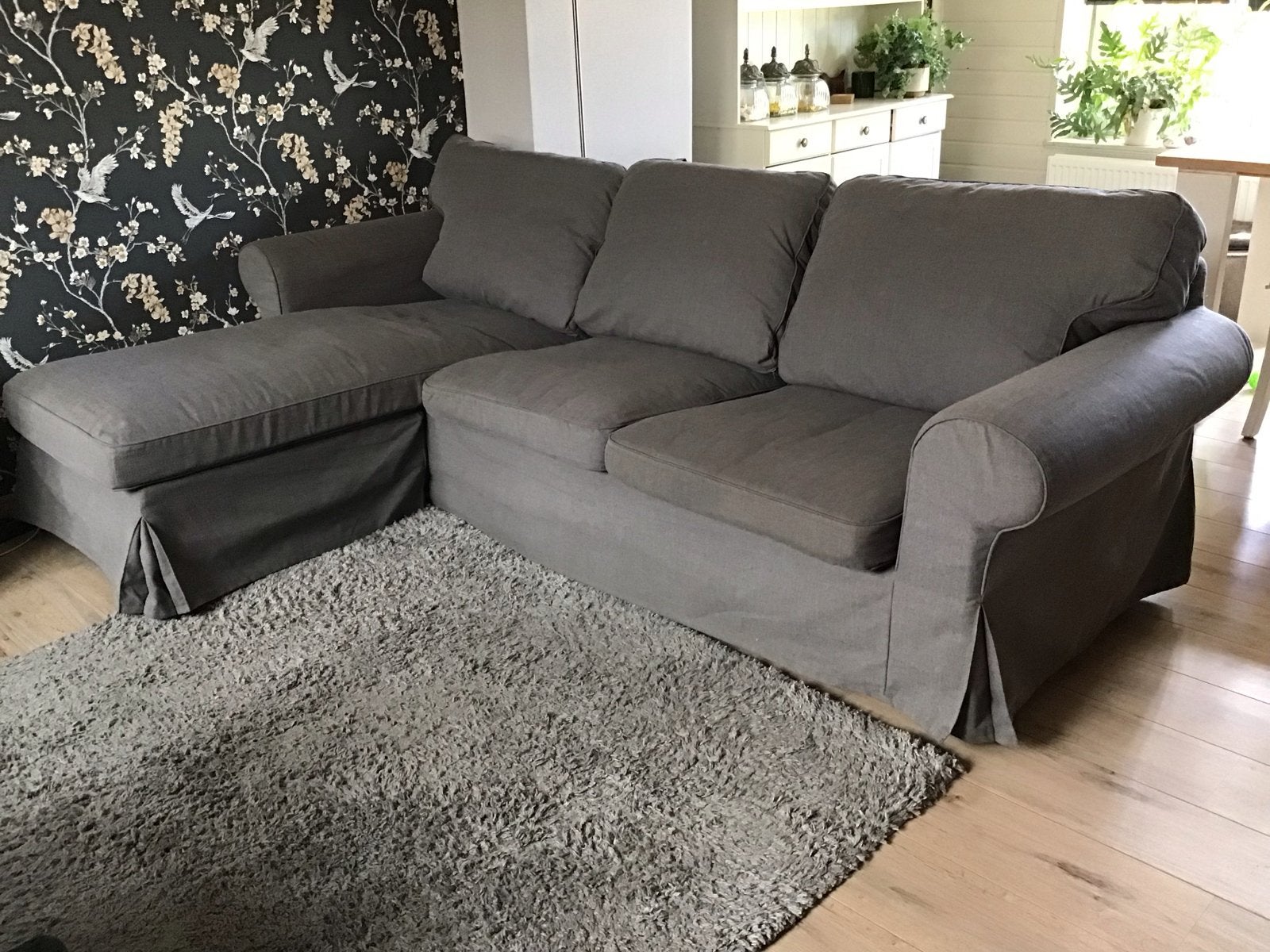 Grijze hoekbank met chaise longue, Ophalen, 250 tot 300 cm, Gebruikt, Hoekbank