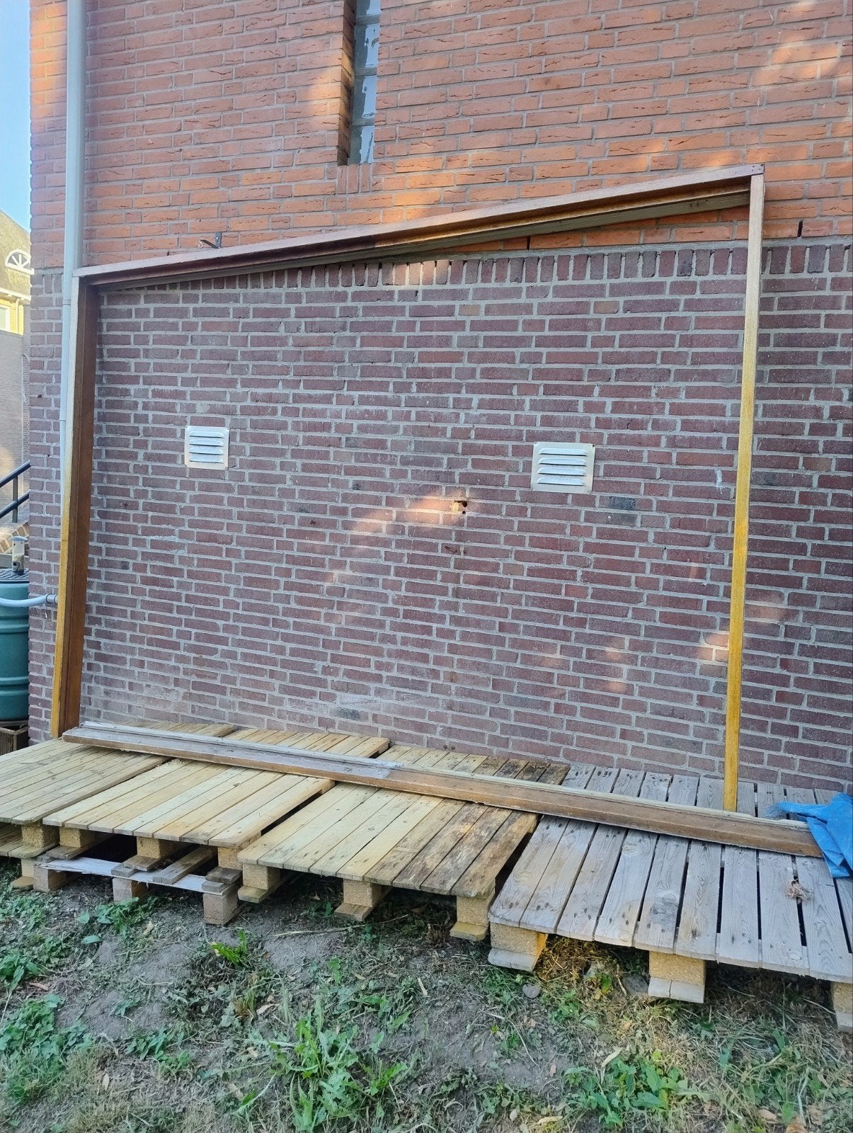 Hardhouten schuifpui met 1 vast raam T.E.A.B., Ophalen, Gebruikt, 225 cm of meer, Inclusief glas