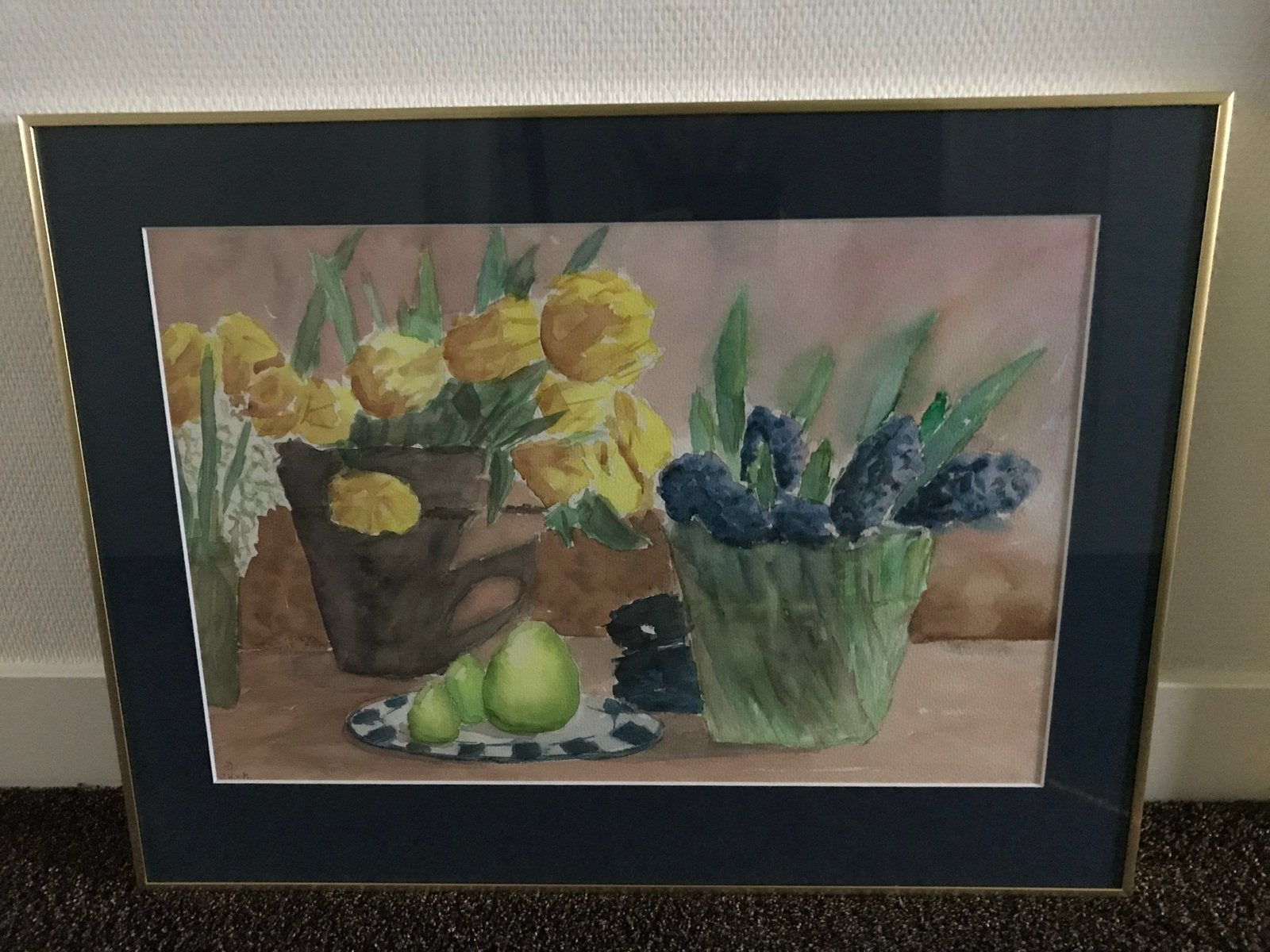 Aquarel Stilleven met Bloemen en Fruit, Realistisch, Stilleven, Ophalen of Verzenden, Aquarel