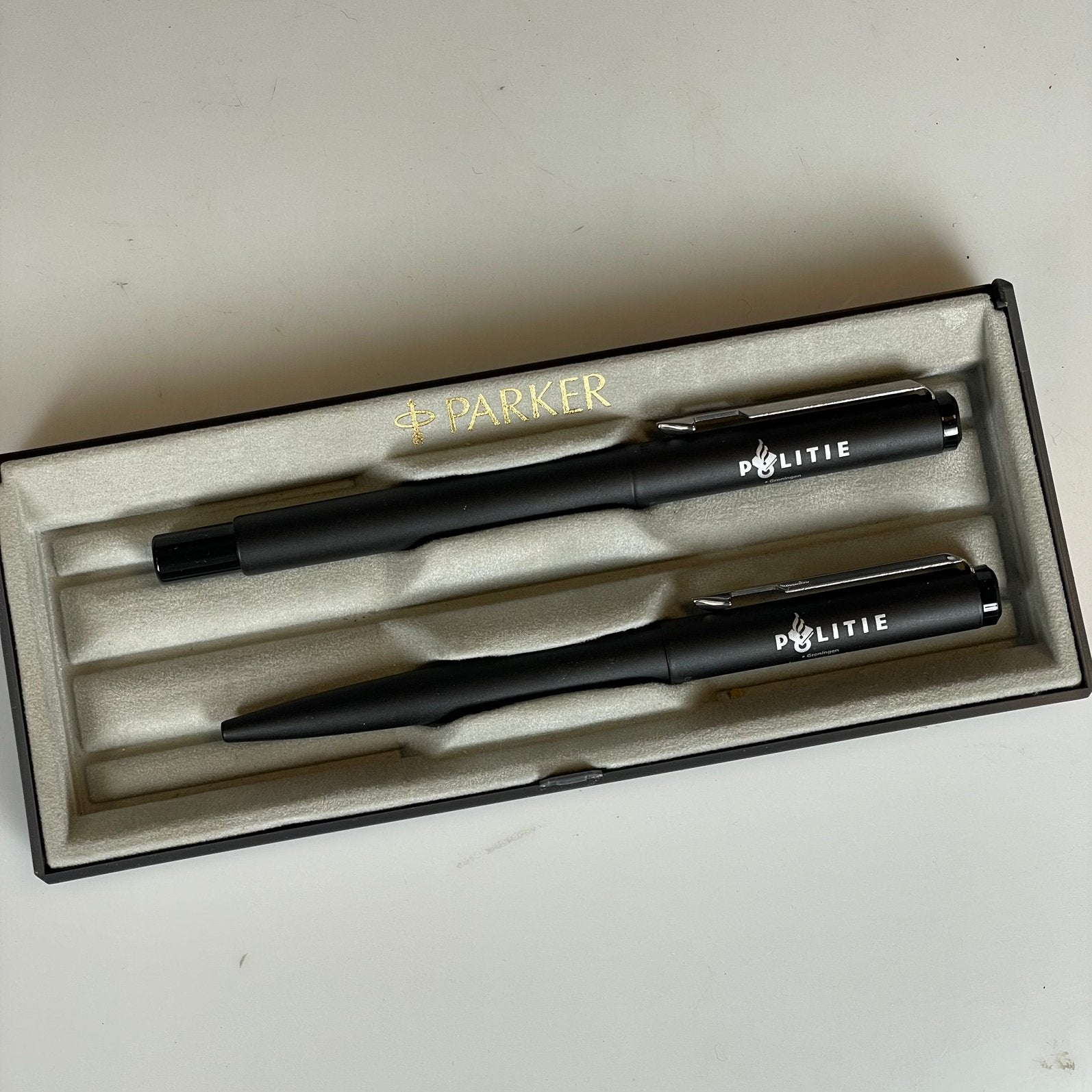 Parker pennenset mat zwart opdruk Politie Groningen, Ophalen, Nieuw, Balpen, Parker