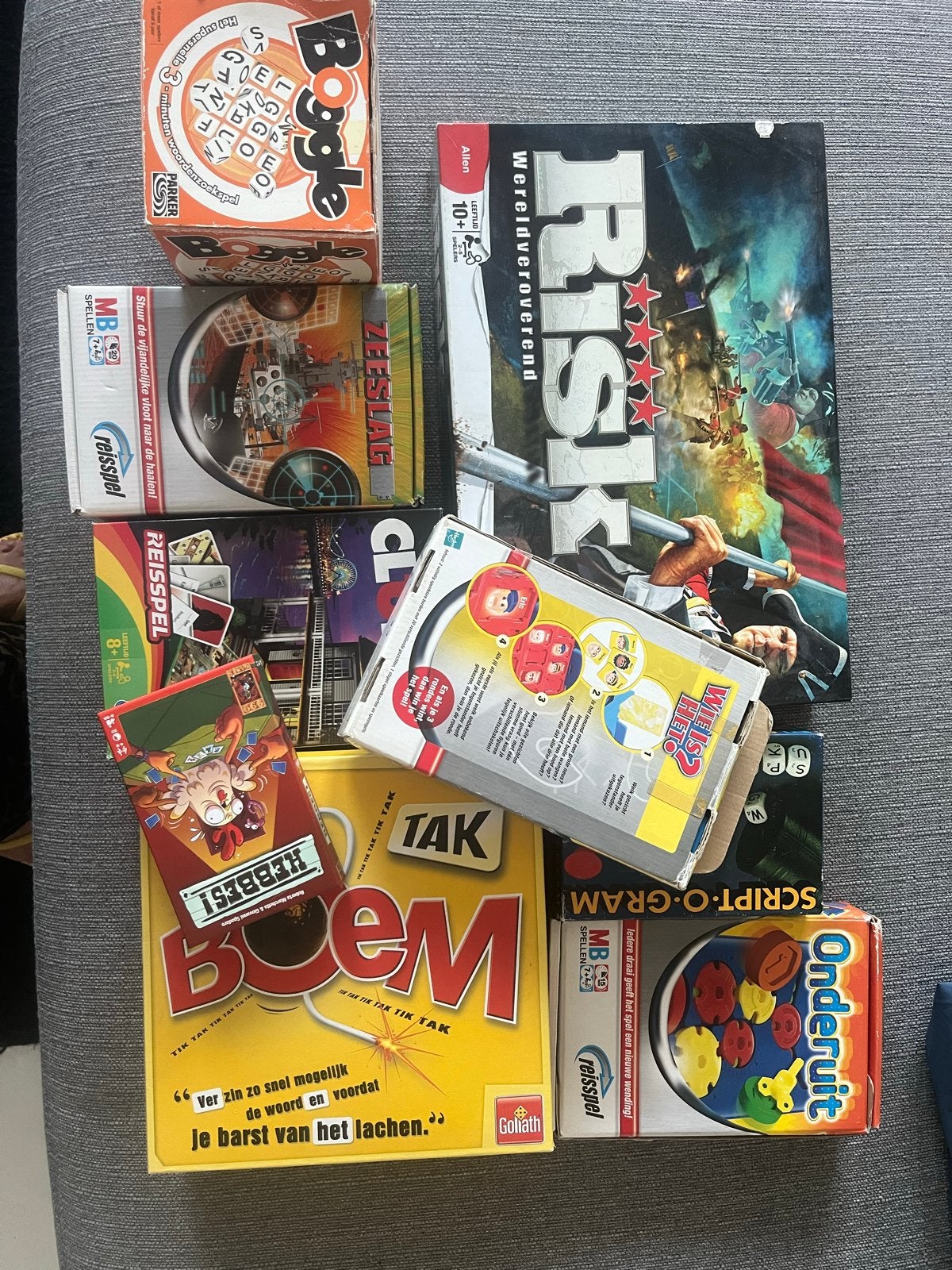 Diverse bordspellen: Risk, Boggle, Zeeslag, Boom, Onderuit, Een of twee spelers, Verzenden, Gebruikt, Reisspel