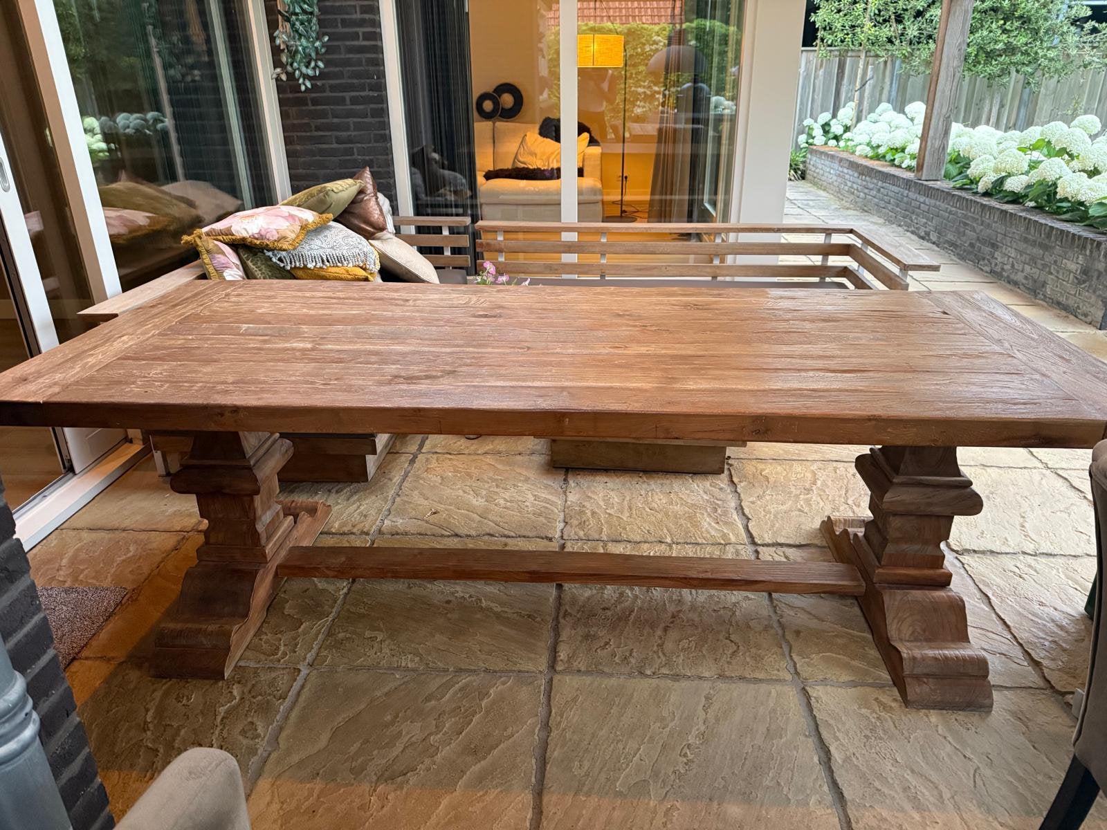 Massief Eiken houten (Klooster)tafel met 6 stoelen, Huis en Inrichting, Tafels | Eettafels, Ophalen, Gebruikt, Eikenhout, 200 cm of meer