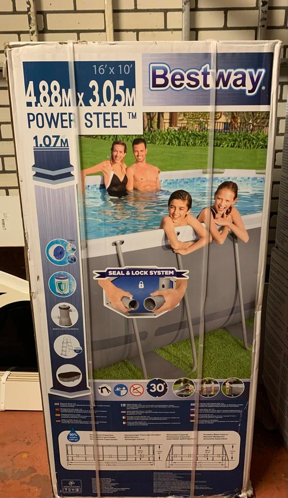NIEUW!Bestway Power Steel Opzetzwembad 4.88m x 3.05m x 1.07m, Ophalen, 80 tot 120 cm, Rechthoekig, 300 cm of meer