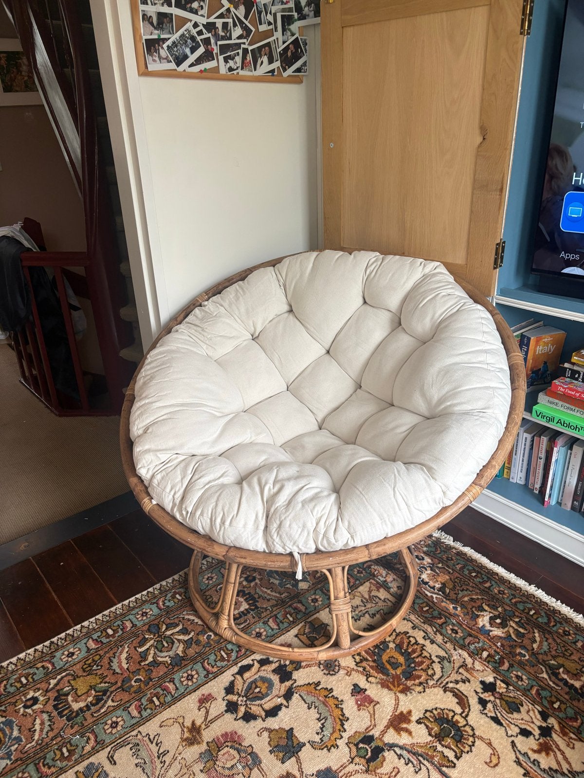 Vintage rotan Papasan stoel met crème kussen, Huis en Inrichting, Stoelen, Ophalen, Gebruikt, Riet of Rotan, Eén