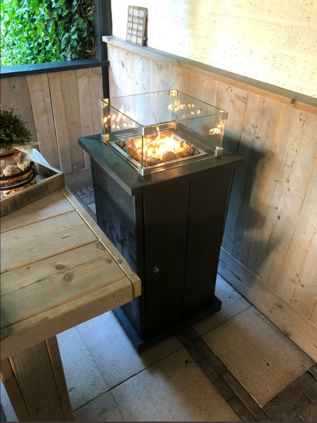 Vuurtafel-zuil met RVS brander, glasombouw en afdekplaat, Tuin en Terras, Vuurtafels, Ophalen, Nieuw