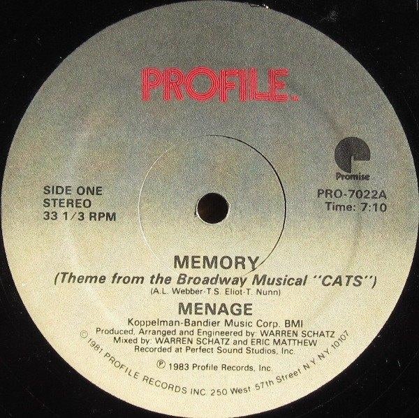 Menage ‎– Memory From The Broadway Musical "Cats" maxisingle, Cd's en Dvd's, Vinyl Singles, Gebruikt, Maxi-single, 1980 - 1989
