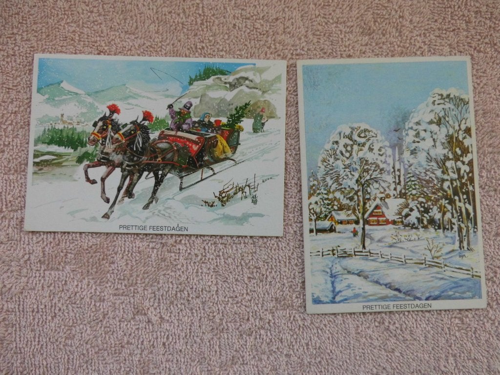 2 Oude Kerstkaarten - Prachtige Wintertaferelen, Ophalen of Verzenden, 1940 tot 1960, Gelopen, Feest(dag)