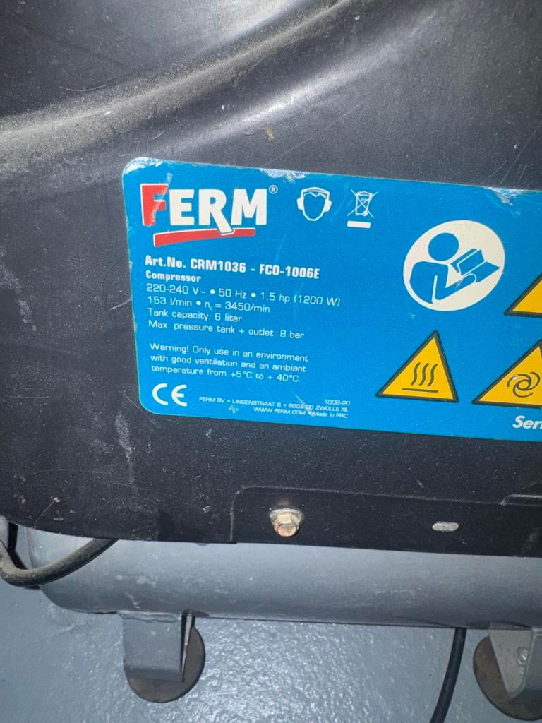 FERM Compressor CRM1036 - FCO-1006E, Gebruikt, 6 tot 10 bar, Ophalen of Verzenden, Minder dan 200 liter/min