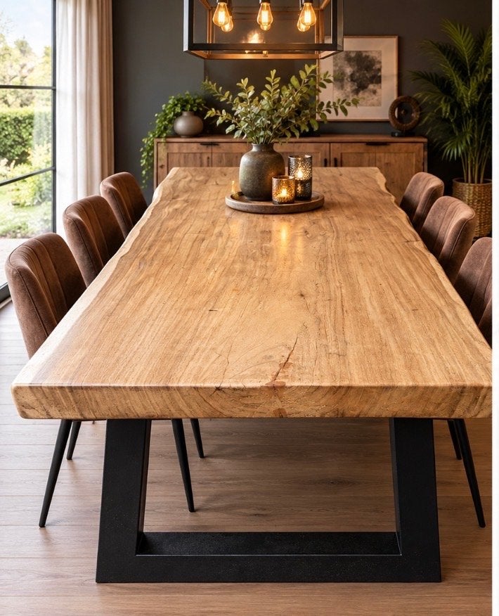 Massief suar boomstam eettafel met metalen onderstel, Ophalen, 100 tot 150 cm, 200 cm of meer, Zo goed als nieuw
