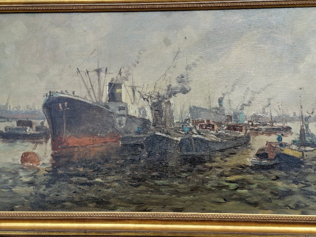 "De haven van Rotterdam" , gesigneerd: Adri Verveen, Antiek en Kunst, Ophalen of Verzenden, Origineel werk