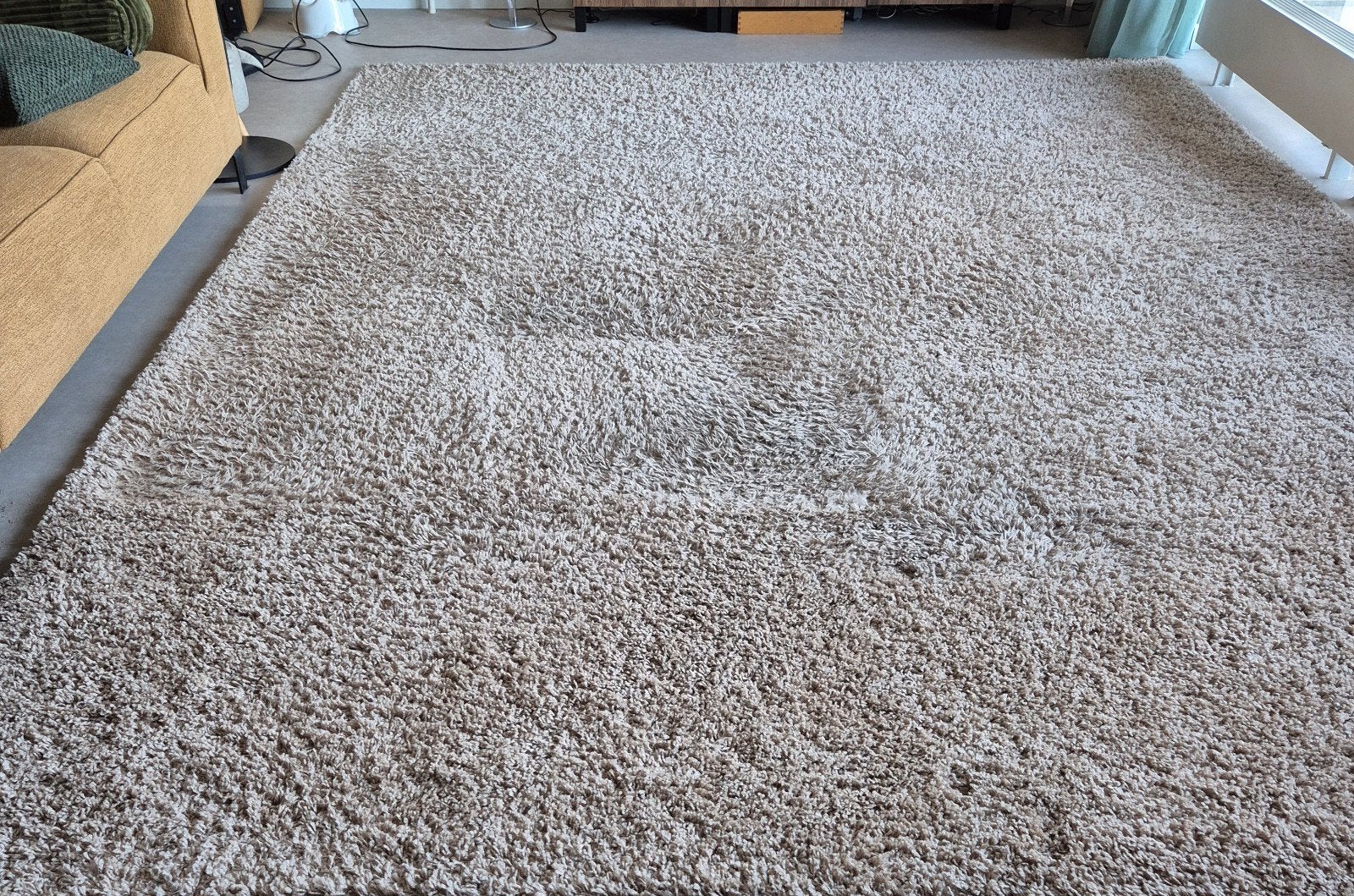 Groot zandkleurig shaggy vloerkleed 3x4 meter, Ophalen, Beige, 200 cm of meer, Zo goed als nieuw