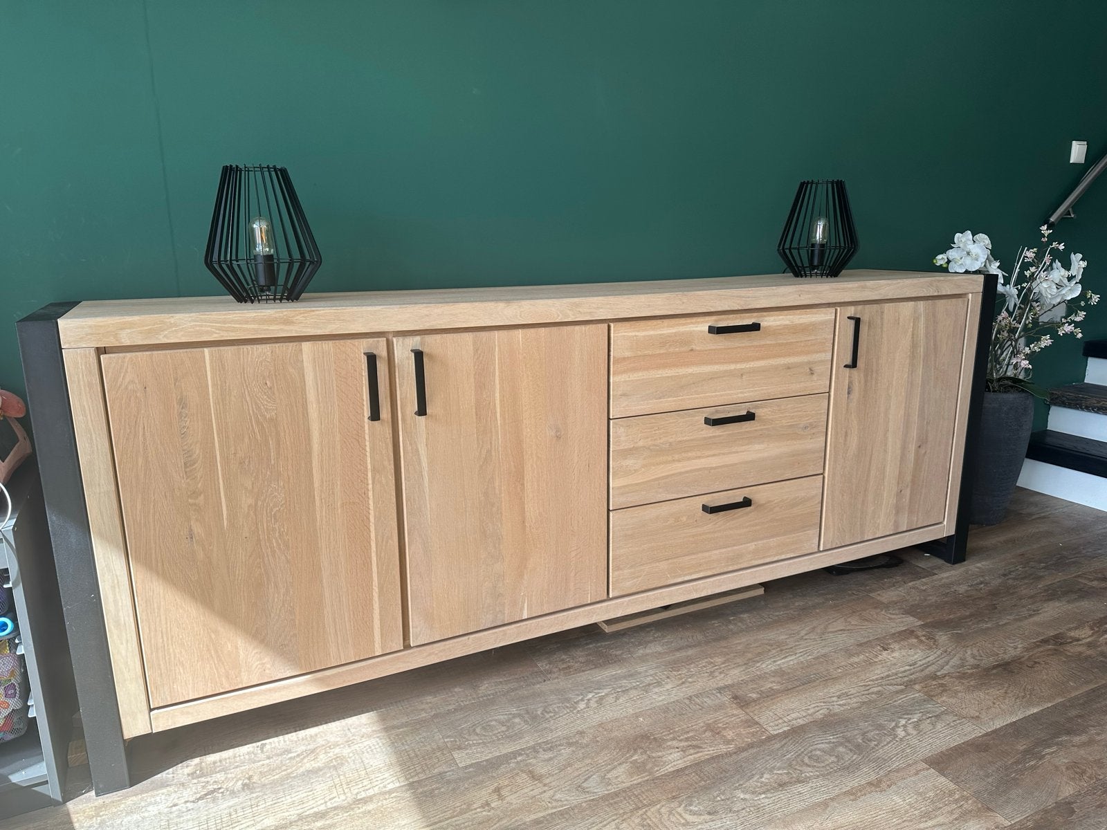 Denmark Sideboard 240 Bianco - Massief Eikenhout & Staal, Huis en Inrichting, Ophalen, Gebruikt, Eikenhout, 200 cm of meer