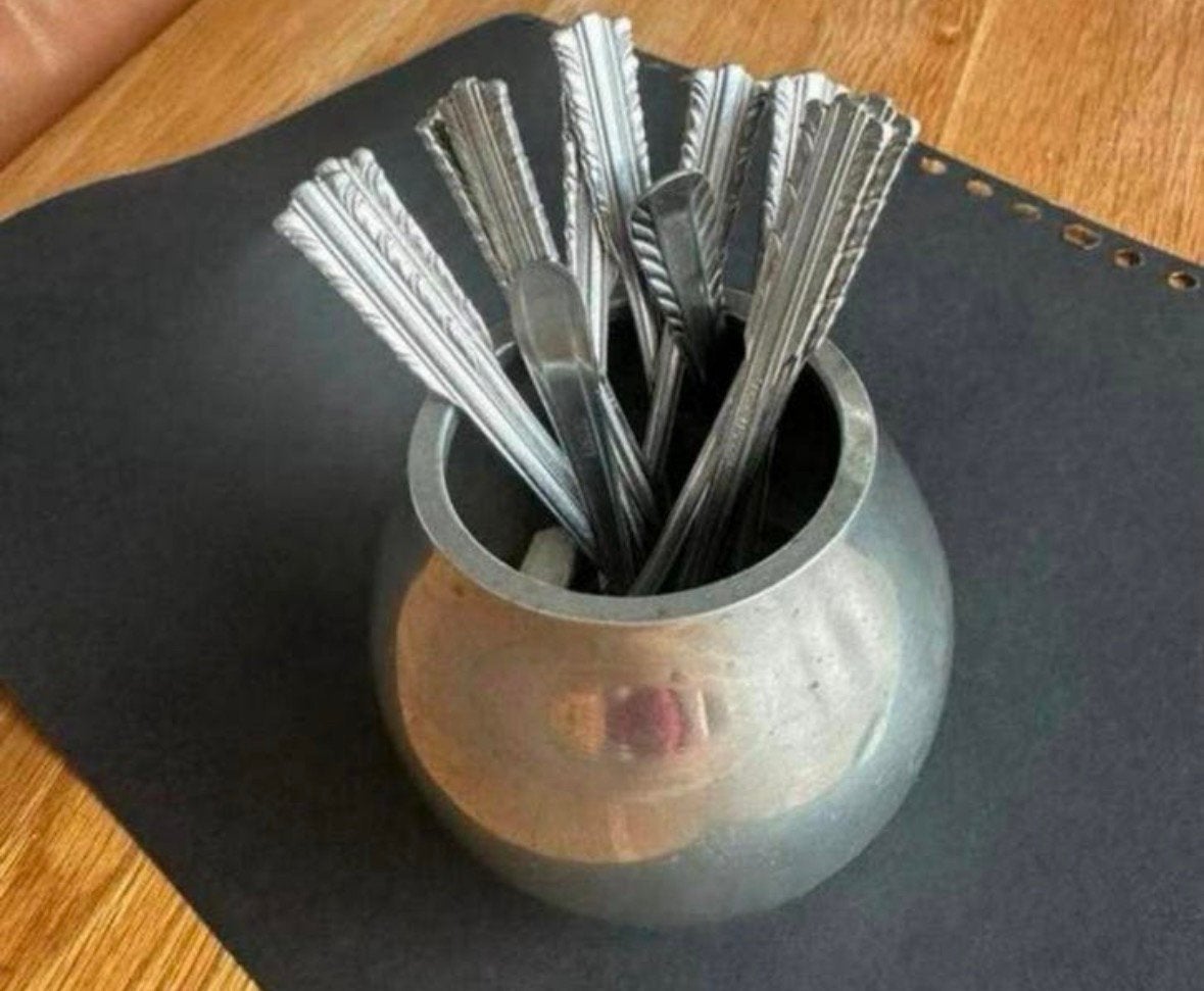 Tinnen lepel vaasje /12 klassieke Zilmeta thee lepeltjes, Ophalen of Verzenden