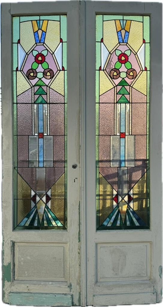 Set Art Deco openslaande glas in lood deuren 238x128cm., Ophalen