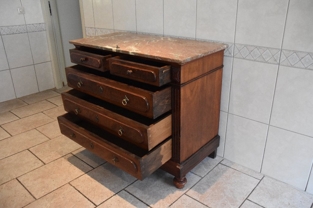 Houten Ladekast Met Rood Marmer Blad Circa 1900, Huis en Inrichting, Kasten | Ladekasten, Gebruikt, 100 tot 150 cm, 5 laden of meer
