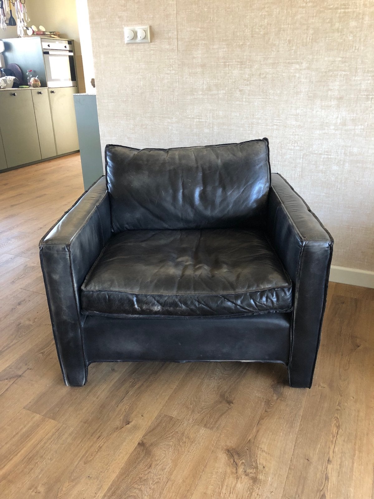 Leren fauteuil - Donkergrijs/zwart, Ophalen, Gebruikt, 100 tot 125 cm, Leer