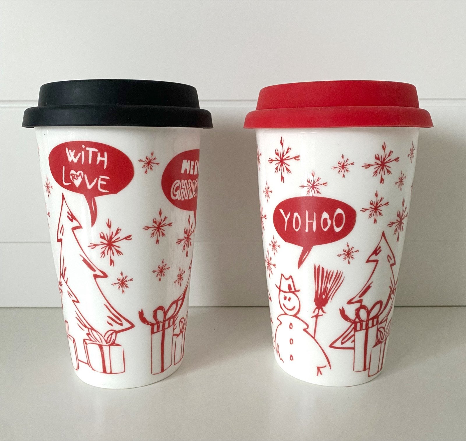 Riviera Maison Kerst cafe to go mokken Set van 2, Theepot/fluitketel, Gebruikt, Ophalen of Verzenden, Steen/keramiek