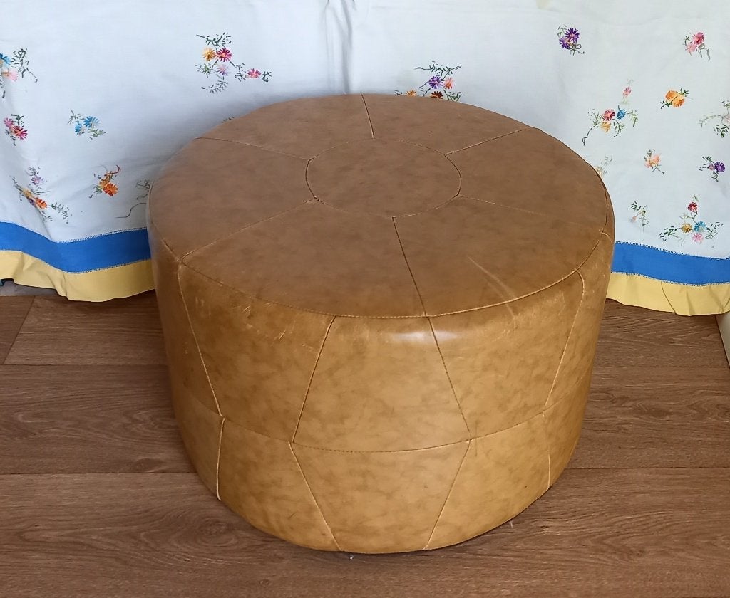 Retro Vintage ronde poef donkerbeige leer, Ophalen of Verzenden, Huis en Inrichting