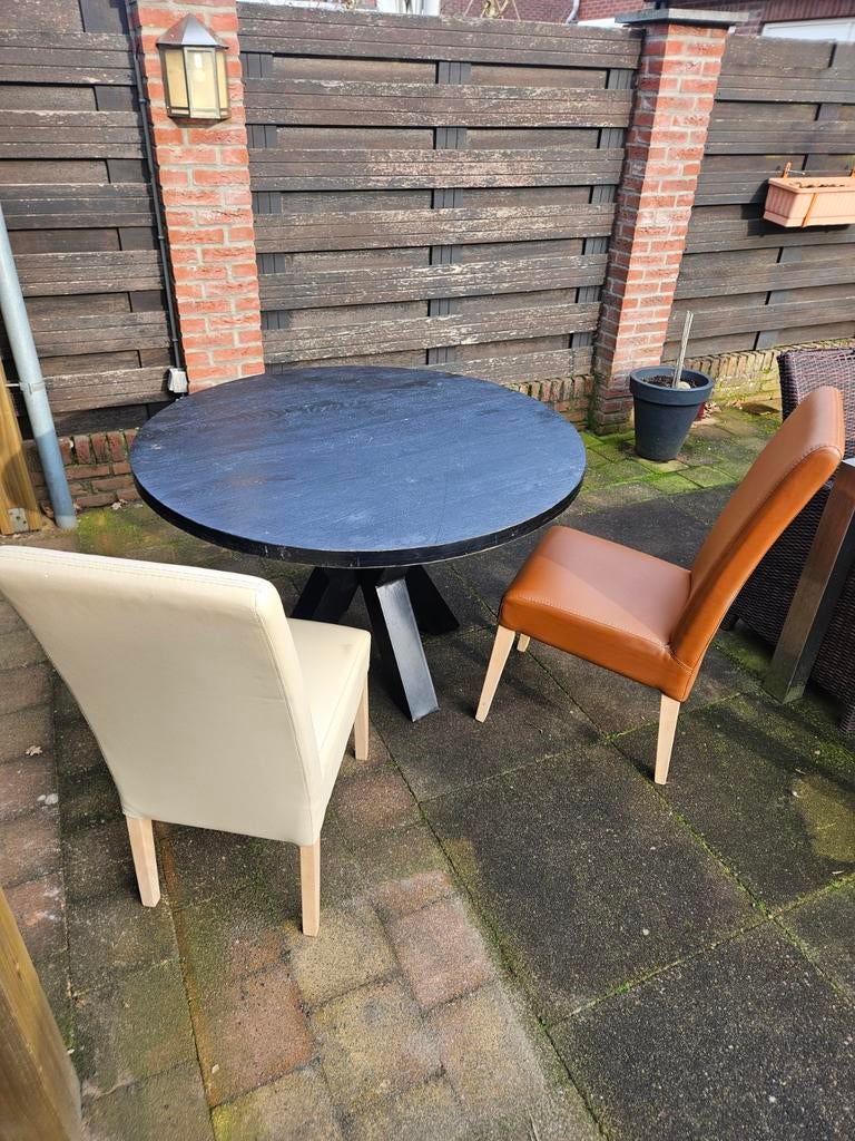 Ronde eettafel met zwart blad en stalen onderstel, Gebruikt, Overige materialen, Rond, Ophalen of Verzenden
