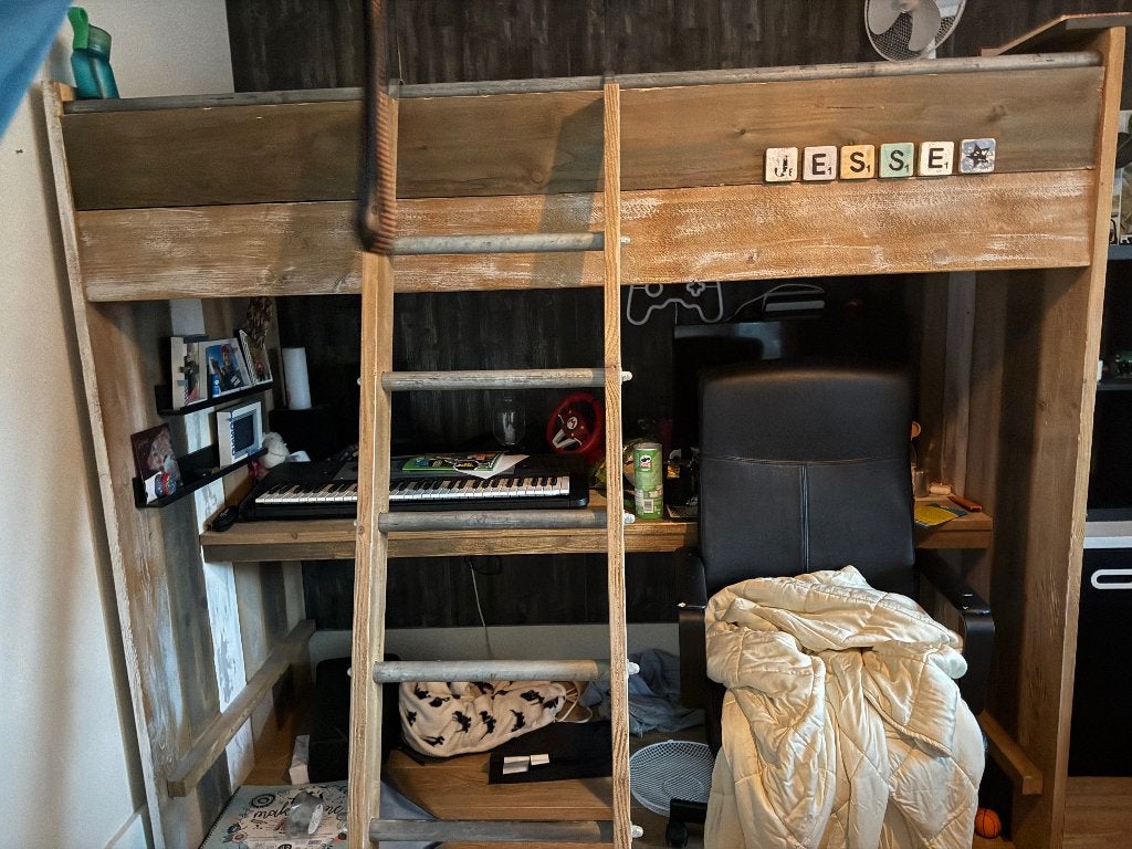 Gratis steigerhout hoogslaper met bureau eronder, Ophalen, Gebruikt, Eenpersoons, 200 cm