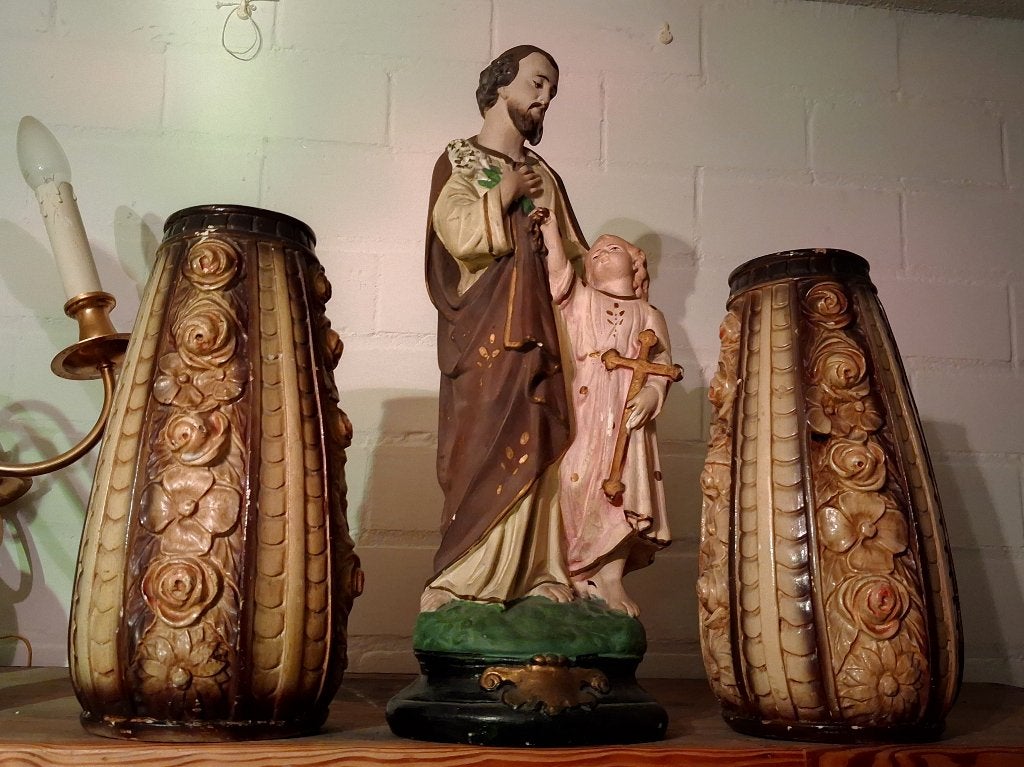 Heiligen set Gipsen Beeld Sint Jozef 65 cm 2 devotievazen, Antiek en Kunst, Ophalen of Verzenden