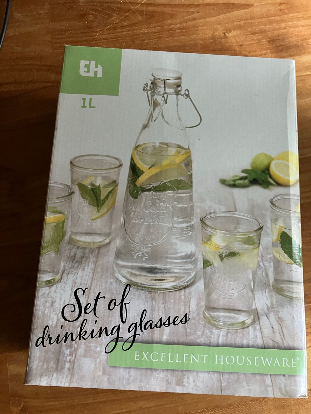 Excellent Houseware Glazen Fles en Drinkglazen Set 1L, Huis en Inrichting, Keuken | Keukenbenodigdheden, Ophalen, Nieuw, Overige merken