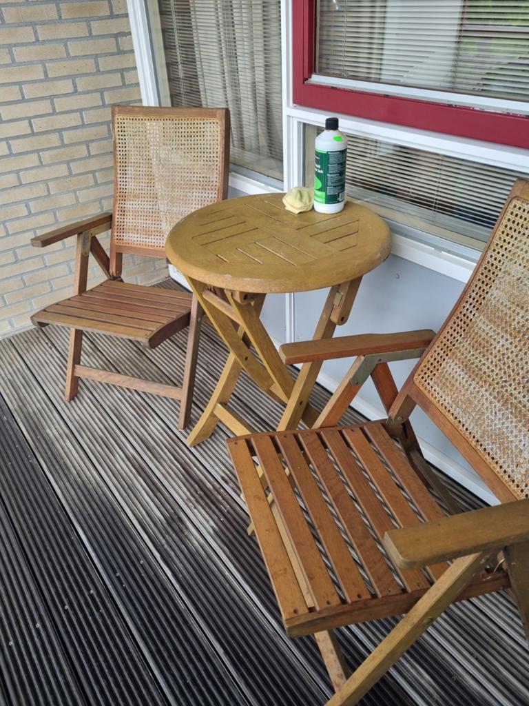 Houten tuinset met 2 stoelen en inklapbare tafel, Gebruikt, Tuinset, Hout, Eettafel