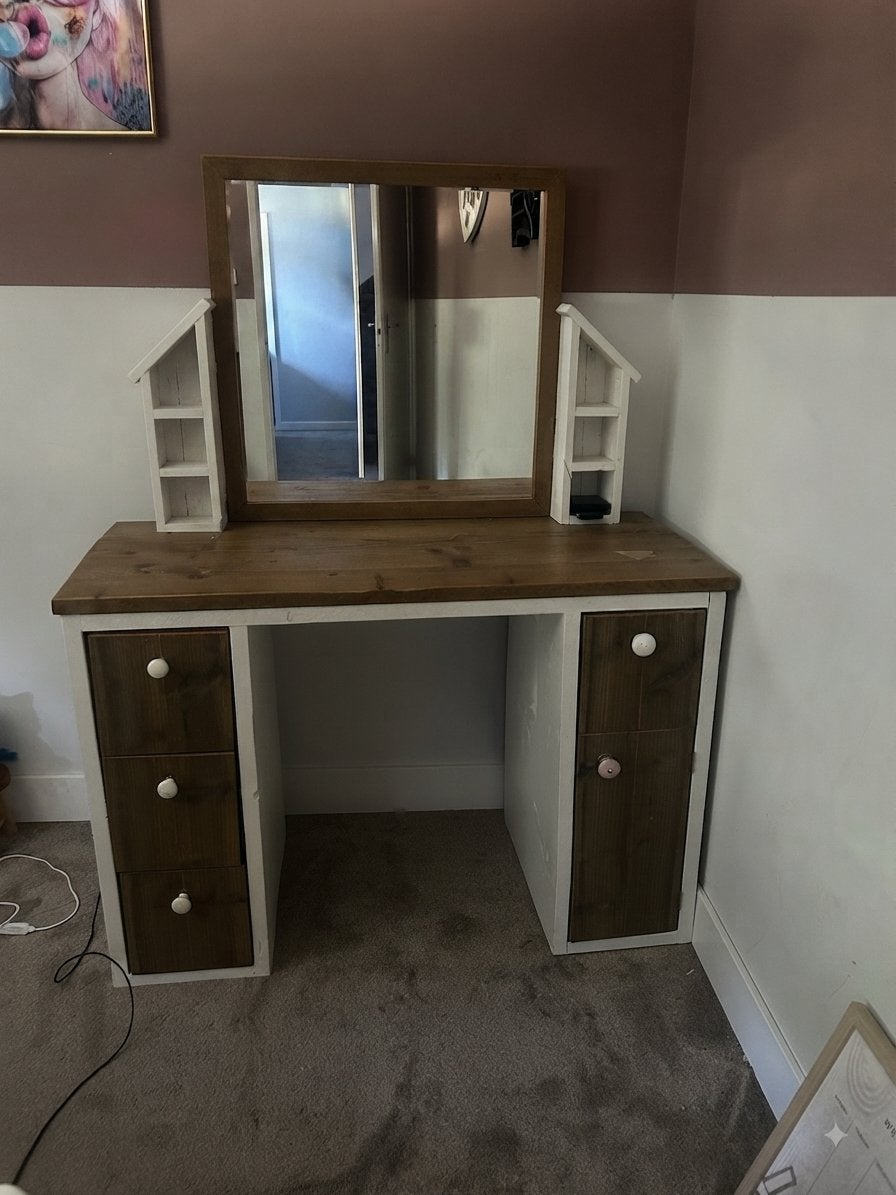 Houten kaptafel met spiegel en opbergruimte, Ophalen, Gebruikt, 100 tot 150 cm, 50 tot 100 cm