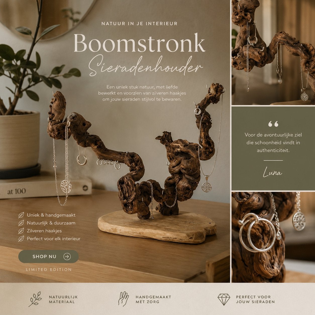 Boomstronk sieradenhouder, Huis en Inrichting, Hout, Overige stijlen, Ophalen of Verzenden, Zo goed als nieuw
