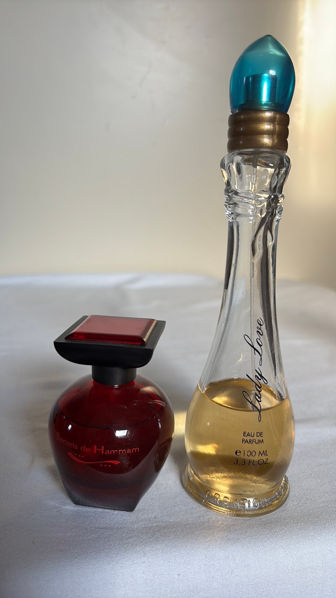 2 parfum flesjes Secrets de Hammam en Lady Love, Ophalen of Verzenden, Zo goed als nieuw, Parfumfles