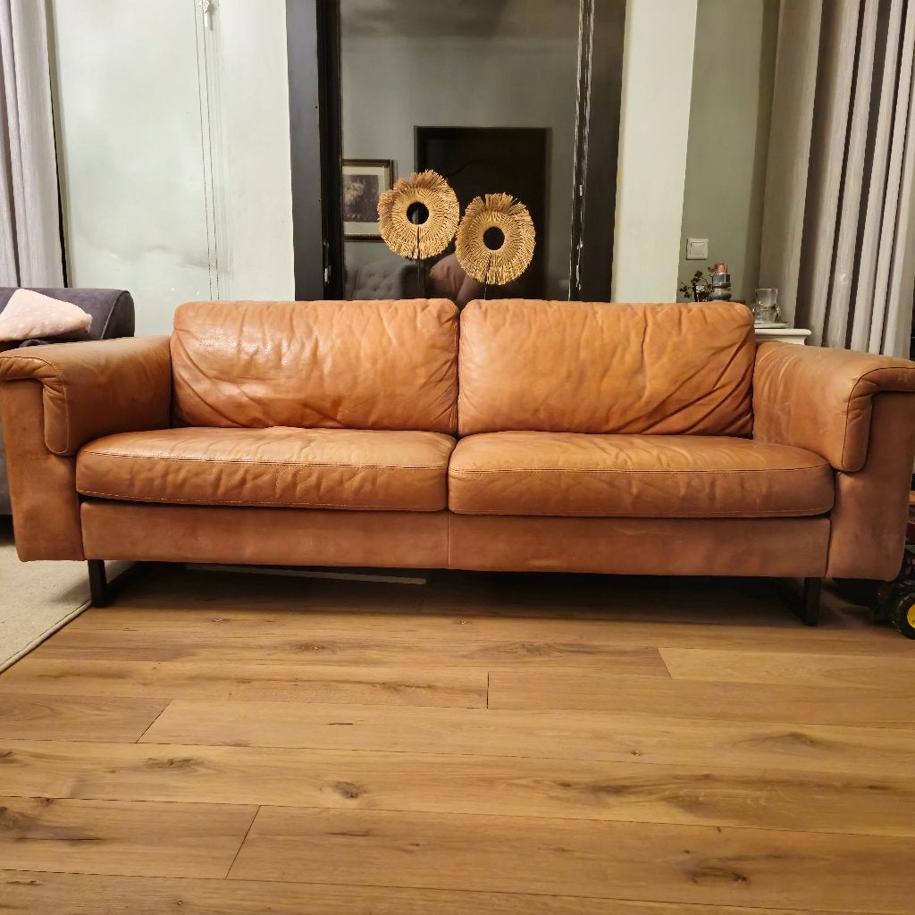 Prachtig cognac buffelleren bankstel (2- en 3-zits), Huis en Inrichting, Ophalen, Gebruikt, Rechte bank, Modern, robuust