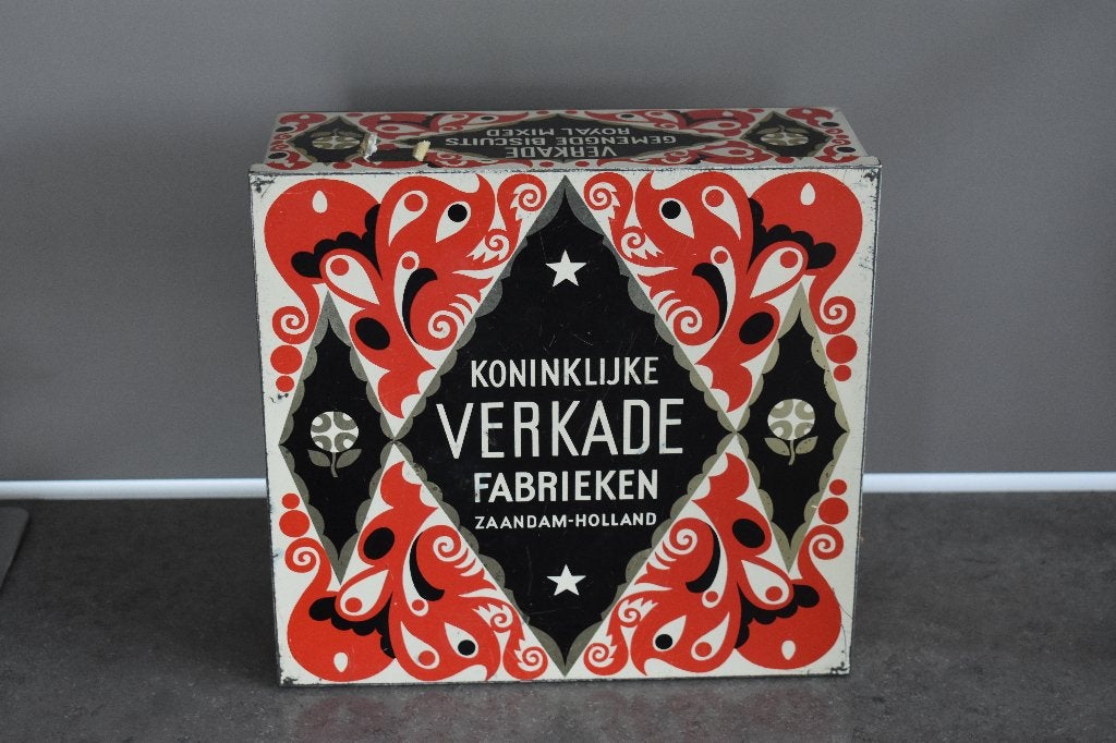 Verkade koek trommel blik uit de jaren 80 met print jaren 20, Verzamelen, Blikken, Ophalen of Verzenden, Gebruikt, Koek(jes), Verkade