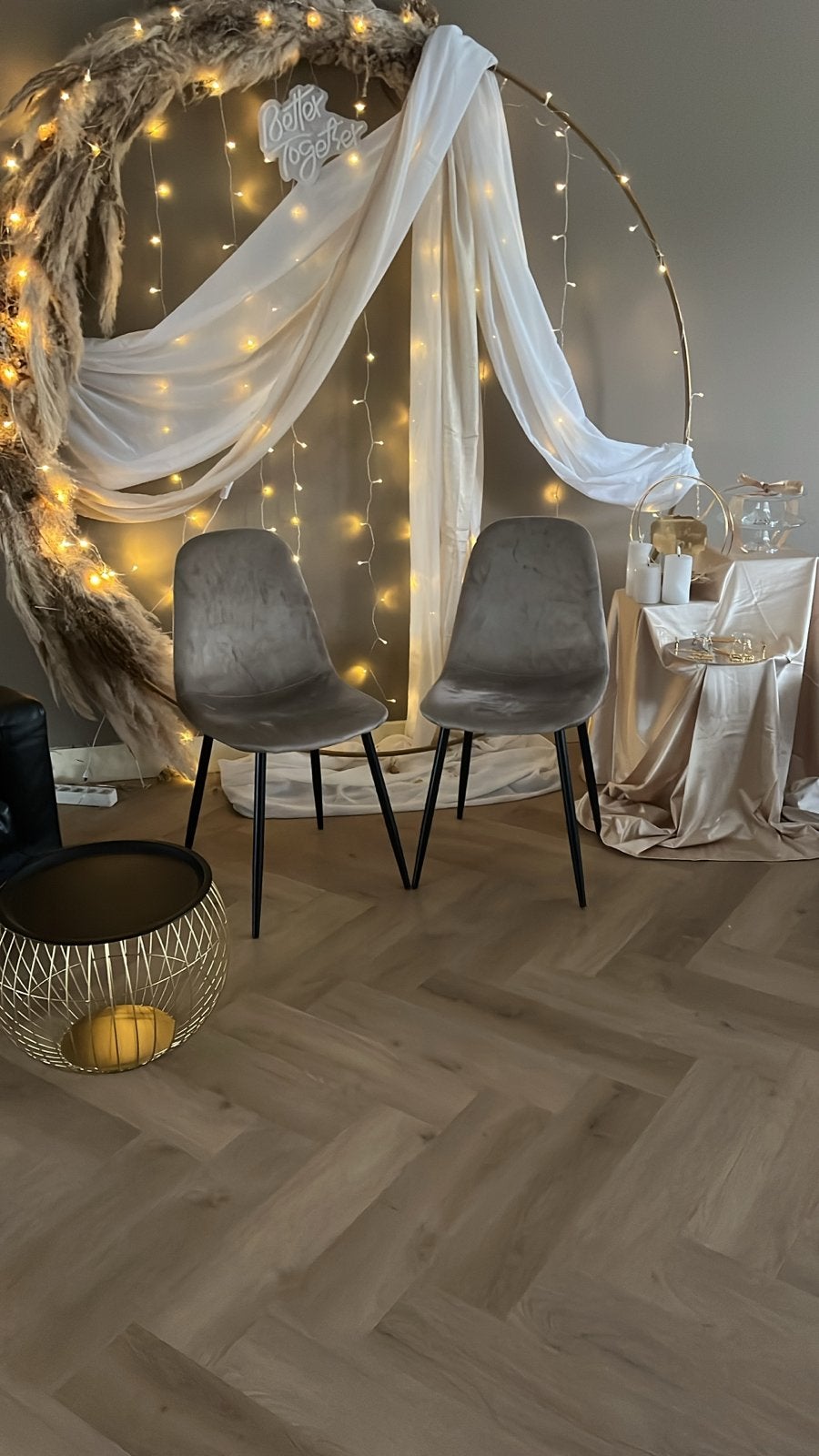 Backdrop Grote gouden ring met pampasgras en verlichting, Ophalen, Gebruikt, Feestartikel, Geboorte of Huwelijk