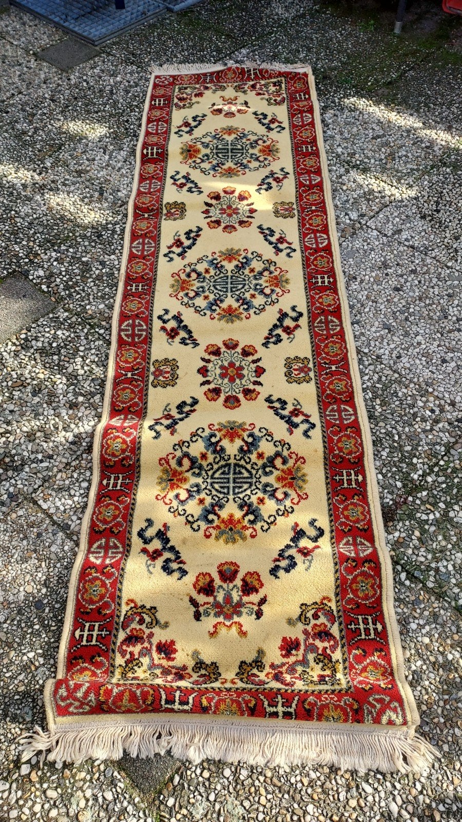 Prachtig Oosters Tapijt - Crème met Rood en Blauw, Blauw, Minder dan 50 cm, 200 cm of meer, Ophalen of Verzenden