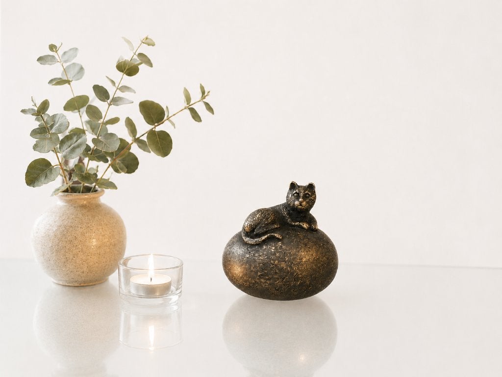 URN met POES / brons / as urn / dierenurn, Huis en tuin decoratie Marie, Nieuw, Info@huisentuindecoratiemarie.nl, Peize