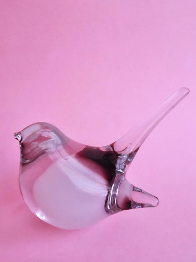 Vintage glas kristal design vogel beeldje murano wit paars, Verzenden